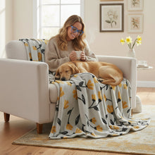 Load image into Gallery viewer, DaDa Bedding Soft Lightweight Fleece Throw Blanket, Yellow Fleur Floral Golden Orange Silver/Grey Background (XY1011)
