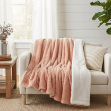 Load image into Gallery viewer, DaDa Bedding Coral Peach Rose Faux Fur Throw Blanket - Dreamy Geometric Embossed Sherpa Backside - Super Soft Warm Cozy Plush Fluffy