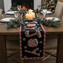 Load image into Gallery viewer, DaDa Bedding Peppermint Joy Red Black Holiday Tapestry Dining Table Runner (12904)