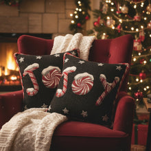Load image into Gallery viewer, DaDa Bedding Peppermint Joy Stars Red Black Tapestry Throw Pillow Cover - 16” x 16” (12904)