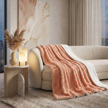 Load image into Gallery viewer, DaDa Bedding Coral Peach Rose Faux Fur Throw Blanket - Dreamy Geometric Embossed Sherpa Backside - Super Soft Warm Cozy Plush Fluffy