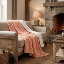 Load image into Gallery viewer, DaDa Bedding Coral Peach Rose Faux Fur Throw Blanket - Dreamy Geometric Embossed Sherpa Backside - Super Soft Warm Cozy Plush Fluffy