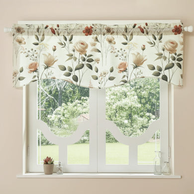 DaDa Bedding Collection Enchanted Meadow Semi-Sheer Valance - Floral Elegance in Beige, Rose, and Soft Green, Light Filtering See Through Microfiber, Rod Pocket Design, 18x52 Inches