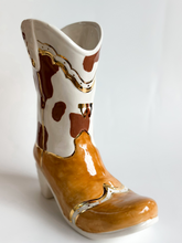 Load image into Gallery viewer, Monogrammed Two Tone Cow Print Cowboy Boot Vase
