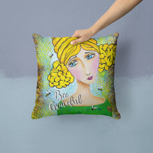 Load image into Gallery viewer, Bee Grateful Girl with Beehive Throw Pillow - 14x14 Decorative Pillow – Art for Your Home &amp; Patio VHA3008PW1414