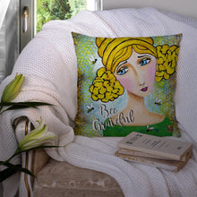 Load image into Gallery viewer, Bee Grateful Girl with Beehive Throw Pillow - 14x14 Decorative Pillow – Art for Your Home &amp; Patio VHA3008PW1414