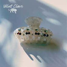 Load image into Gallery viewer, Velvet Claws Hair Clip | Cherries in Crystal White | Claw Clip in Velvet Travel Bag