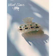 Load image into Gallery viewer, Velvet Claws Hair Clip | Cherries in Crystal White | Claw Clip in Velvet Travel Bag