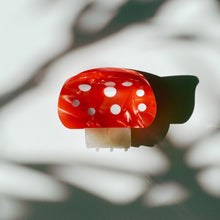 Load image into Gallery viewer, Velvet Claws Mini Mushroom Hair Clip in Red | Claw Clip in Velvet Travel Bag