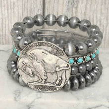 Load image into Gallery viewer, Vintage Style Buffalo Coin Pearl Bead Bracelet | Cowgirl Western Boho Bison Coin Beaded Stacked Stretch Bracelet