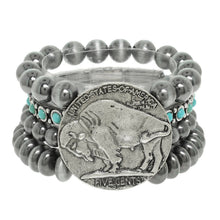 Load image into Gallery viewer, Vintage Style Buffalo Coin Pearl Bead Bracelet | Cowgirl Western Boho Bison Coin Beaded Stacked Stretch Bracelet