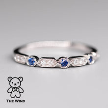 Load image into Gallery viewer, Vintage Style Blue Sapphire &amp; Diamond Essential Band 14K White Gold