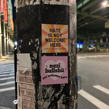 Load image into Gallery viewer, Virtuous Vandalism “Nazi Bullshit Not Welcome Here” Sticky Notes 3" x 3" Pack of 50 | Combat and Cover Offensive Public Messages with Adhesive Protest Notes