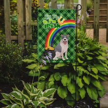 Load image into Gallery viewer, Blue and White Pit Bull Terrier St. Patrick's Garden Flag – "Kiss Me I’m Irish" with Pot of Gold &amp; Rainbow