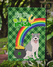 Load image into Gallery viewer, Blue and White Pit Bull Terrier St. Patrick's Garden Flag – "Kiss Me I’m Irish" with Pot of Gold &amp; Rainbow