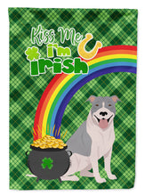 Load image into Gallery viewer, Blue and White Pit Bull Terrier St. Patrick's Garden Flag – "Kiss Me I’m Irish" with Pot of Gold &amp; Rainbow