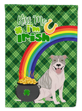 Load image into Gallery viewer, Blue Brindle Pit Bull Terrier St. Patrick's Garden Flag – "Kiss Me I’m Irish" with Pot of Gold &amp; Rainbow