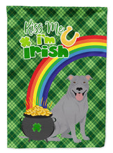 Load image into Gallery viewer, Blue Pit Bull Terrier St. Patrick's Garden Flag – "Kiss Me I’m Irish" with Pot of Gold &amp; Rainbow
