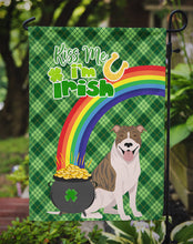 Load image into Gallery viewer, Fawn Brindle Pit Bull Terrier St. Patrick's Garden Flag – "Kiss Me I’m Irish" with Pot of Gold &amp; Rainbow
