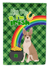 Load image into Gallery viewer, Fawn Boston Terrier St. Patrick's Garden Flag – "Kiss Me I’m Irish" with Pot of Gold &amp; Rainbow