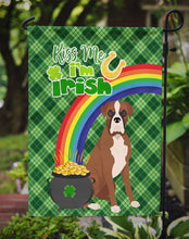 Load image into Gallery viewer, Natural Eared Red Fawn Boxer St. Patrick's Garden Flag – "Kiss Me I’m Irish" with Pot of Gold &amp; Rainbow