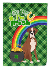 Load image into Gallery viewer, Natural Eared Red Fawn Boxer St. Patrick's Garden Flag – "Kiss Me I’m Irish" with Pot of Gold &amp; Rainbow