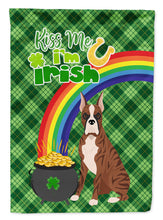 Load image into Gallery viewer, Red Brindle Boxer St. Patrick's Garden Flag – "Kiss Me I’m Irish" with Pot of Gold &amp; Rainbow
