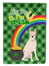 Load image into Gallery viewer, White Boxer St. Patrick's Garden Flag – "Kiss Me I’m Irish" with Pot of Gold &amp; Rainbow