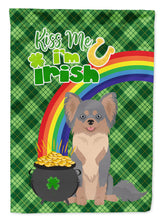 Load image into Gallery viewer, Longhaired Blue and Tan Chihuahua St. Patrick's Garden Flag – "Kiss Me I’m Irish" with Pot of Gold &amp; Rainbow