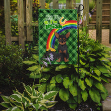 Load image into Gallery viewer, Black and Tan Chihuahua St. Patrick's Garden Flag – "Kiss Me I’m Irish" with Pot of Gold &amp; Rainbow