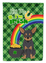 Load image into Gallery viewer, Black and Tan Chihuahua St. Patrick's Garden Flag – "Kiss Me I’m Irish" with Pot of Gold &amp; Rainbow