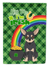 Load image into Gallery viewer, Black and Cream Chihuahua St. Patrick's Garden Flag – "Kiss Me I’m Irish" with Pot of Gold &amp; Rainbow