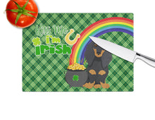 Load image into Gallery viewer, Longhair Black and Tan Dachshund St. Patrick's Day Glass Cutting Boards – Durable, Decorative Kitchen Art Large