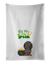 Load image into Gallery viewer, Longhair Blue and Tan Dapple Dachshund St. Patrick's Day White Kitchen Towel Set of 2 Dish Towels