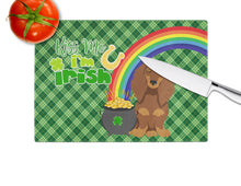 Load image into Gallery viewer, Longhair Chocolate and Tan Dachshund St. Patrick's Day Glass Cutting Boards – Durable, Decorative Kitchen Art Large