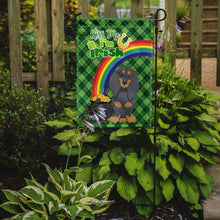 Load image into Gallery viewer, Longhair Blue and Tan Dachshund St. Patrick's Garden Flag – "Kiss Me I’m Irish" with Pot of Gold &amp; Rainbow