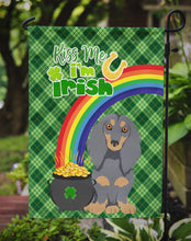 Load image into Gallery viewer, Longhair Blue and Tan Dachshund St. Patrick's Garden Flag – "Kiss Me I’m Irish" with Pot of Gold &amp; Rainbow