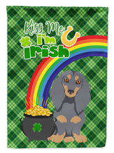 Load image into Gallery viewer, Longhair Blue and Tan Dachshund St. Patrick's Garden Flag – "Kiss Me I’m Irish" with Pot of Gold &amp; Rainbow