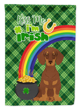 Load image into Gallery viewer, Chocolate and Tan Dachshund St. Patrick's Garden Flag – "Kiss Me I’m Irish" with Pot of Gold &amp; Rainbow