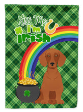 Load image into Gallery viewer, Red Dachshund St. Patrick's Garden Flag – "Kiss Me I’m Irish" with Pot of Gold &amp; Rainbow