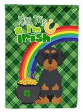 Load image into Gallery viewer, Wirehair Black and Tan Dachshund St. Patrick's Garden Flag – "Kiss Me I’m Irish" with Pot of Gold &amp; Rainbow