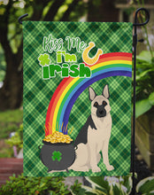 Load image into Gallery viewer, Black and Silver German Shepherd St. Patrick's Garden Flag – "Kiss Me I’m Irish" with Pot of Gold &amp; Rainbow