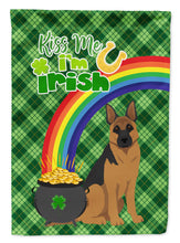 Load image into Gallery viewer, Black and Tan German Shepherd St. Patrick's Garden Flag – "Kiss Me I’m Irish" with Pot of Gold &amp; Rainbow