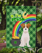 Load image into Gallery viewer, Brown White Wirehair Jack Russell Terrier St. Patrick's Garden Flag – "Kiss Me I’m Irish" with Pot of Gold &amp; Rainbow