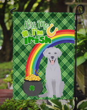 Load image into Gallery viewer, Silver Labrador Retriever St. Patrick's Garden Flag – "Kiss Me I’m Irish" with Pot of Gold &amp; Rainbow
