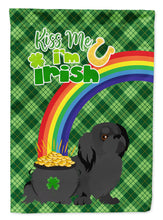 Load image into Gallery viewer, Black Pekingese St. Patrick's Garden Flag – "Kiss Me I’m Irish" with Pot of Gold &amp; Rainbow