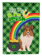 Load image into Gallery viewer, Sable Sheltie St. Patrick's Garden Flag – "Kiss Me I’m Irish" with Pot of Gold &amp; Rainbow