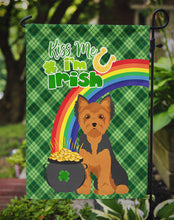 Load image into Gallery viewer, Black and Tan Puppy Cut Yorkshire Terrier St. Patrick's Garden Flag – "Kiss Me I’m Irish" with Pot of Gold &amp; Rainbow