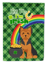 Load image into Gallery viewer, Black and Tan Puppy Cut Yorkshire Terrier St. Patrick's Garden Flag – "Kiss Me I’m Irish" with Pot of Gold &amp; Rainbow