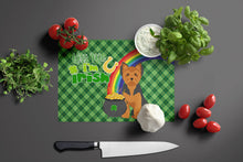 Load image into Gallery viewer, Black and Tan Puppy Cut Yorkshire Terrier St. Patrick's Day Glass Cutting Boards – Durable, Decorative Kitchen Art Large